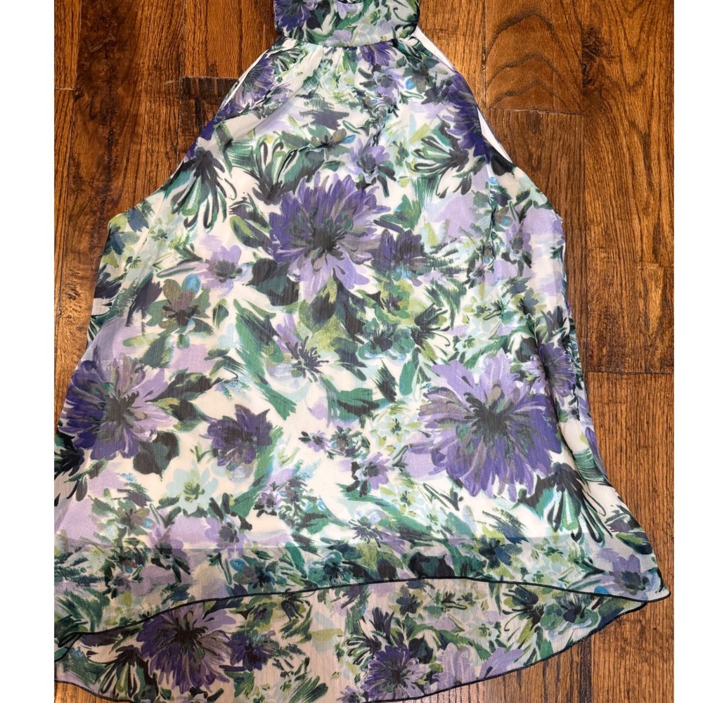 iZ Byer Womens Floral Halter Top Purple Green Chiffon High Low Tunic Large